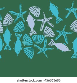 Seamless  horizontal   pattern of  marine inhibitions , doodles, starfishes, spot, hole,  fishes, shells, object, copy space. Hand drawn.