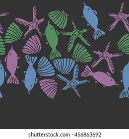 Seamless  horizontal   pattern of  marine inhibitions , doodles, starfishes, spot, hole,  fishes, shells, object, copy space. Hand drawn.