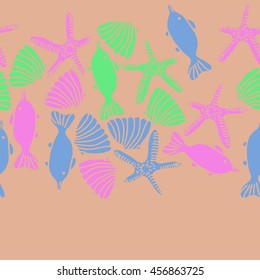 Seamless  horizontal   pattern of  marine inhibitions , doodles, starfishes, spot, hole,  fishes, shells, object, copy space. Hand drawn.