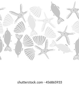 Seamless  horizontal   pattern of  marine inhibitions , doodles, starfishes, spot, hole,  fishes, shells, object, copy space. Hand drawn.
