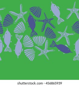 Seamless  horizontal   pattern of  marine inhibitions , doodles, starfishes, spot, hole,  fishes, shells, object, copy space. Hand drawn.