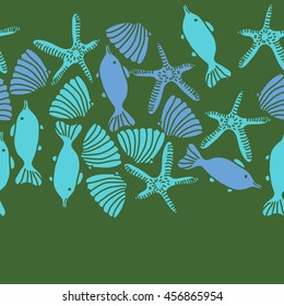 Seamless  horizontal   pattern of  marine inhibitions , doodles, starfishes, spot, hole,  fishes, shells, object, copy space. Hand drawn.