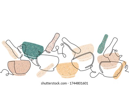 Seamless Horizontal Pattern with Mortar and Pestle. Abstract Background. Vector illustration.