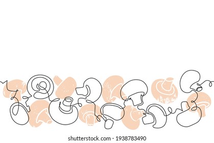 Seamless Horizontal Pattern with Mushrooms Champignons and empty space for text above it. Can be yused for Magazine, Book, Poster, Card, Menu Cover, Label, Web Pages. Vector illustration.