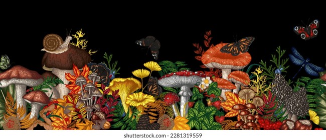 Seamless horizontal pattern and mushrooms  plants  insects  berries  Fly agaric  chanterelles  white mushroom  honey agaric  boletus  morel  russula  snail  strawberry  fern  butterflies  dragonfly
