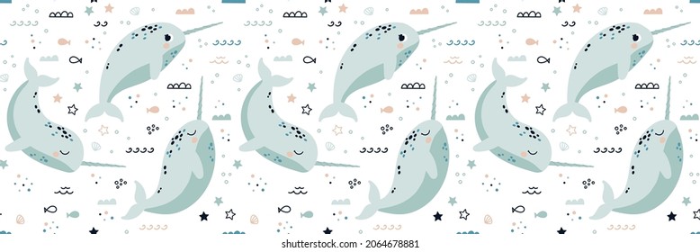 Seamless horizontal pattern with narwhals. Vector illustration in Scandinavian style