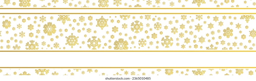 Seamless horizontal pattern. New Year wide festive ribbon decorated with golden snowflakes and horizontal lines. Printable template for Christmas packaging and wrapping paper. Vector
