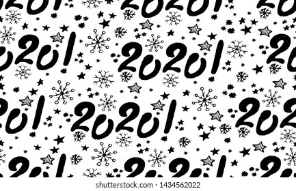 Seamless horizontal pattern from numbers 2020. Happy new year and christmas. Lettering and calligraphy. Vector illustration on white background. Wrapping paper. Isolated Text.
