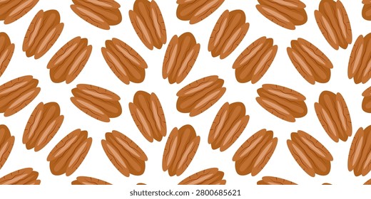 Seamless horizontal pattern of nuts on a white background. Pecans, Brazil nuts, and walnuts. Healthy eating.
