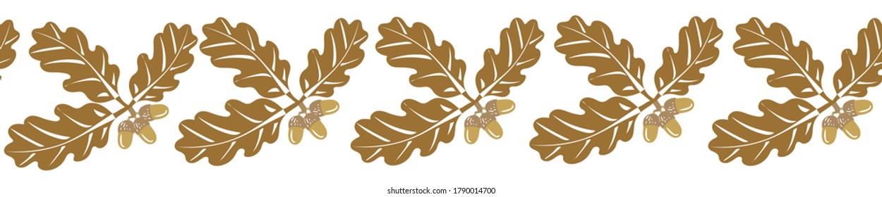 Seamless horizontal pattern from an oak tree branch and acorns. Natural theme in autumn.