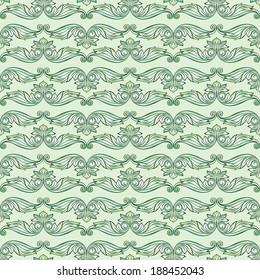Seamless horizontal pattern with ornate flowers in green shades