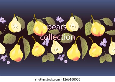 Seamless horizontal pattern with pears, leaves and flowers. Vector illustration, dark background