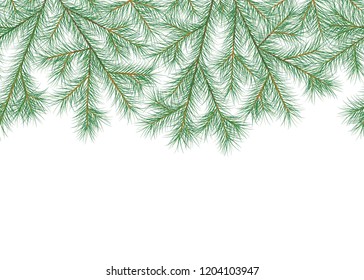 Seamless horizontal pattern with pine branches. Decor element for invitations, print, poster, card, banner. Isolated on white background.