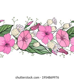 Seamless horizontal pattern with pink flowers and leaves. For the design of websites, postcards, posters, advertising booklets. Vector illustration.