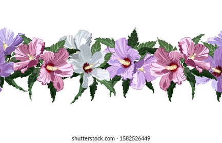 Seamless horizontal pattern with pink, white and lilac hibiscus flowers, vector illustration.