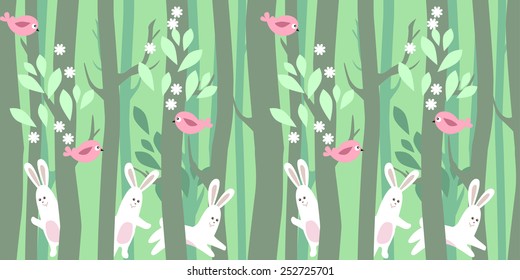 Seamless horizontal pattern with rabbits and trees in spring forest