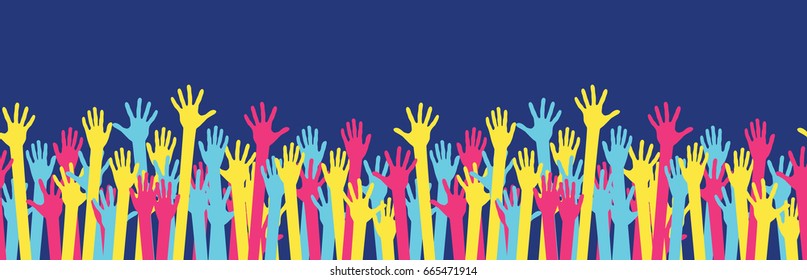Seamless horizontal pattern from raised colorful hands at a party. Waving hands in the fun event. Hand-voting in the crowd. Vector illustration