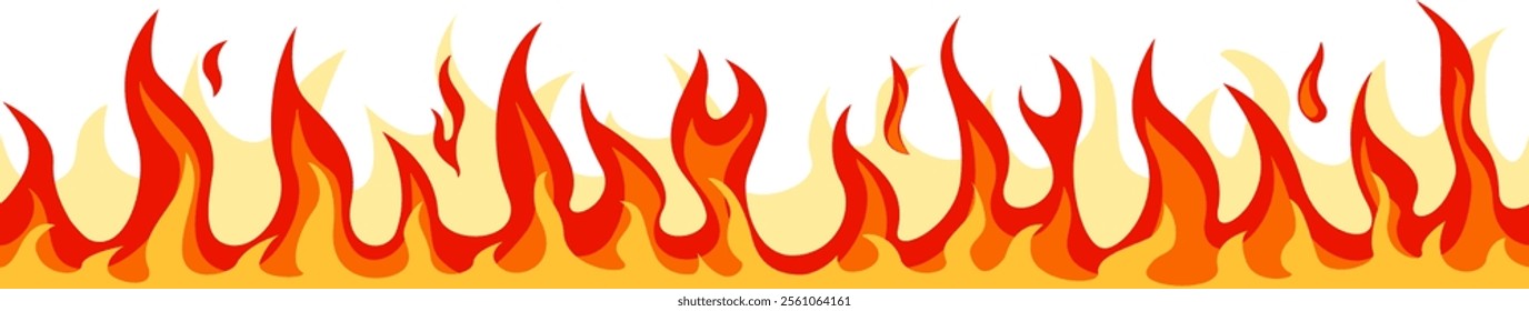 Seamless horizontal pattern of realistic cartoon fire flames burning brightly with red, orange and yellow colors against a white background, creating a vibrant and energetic visual