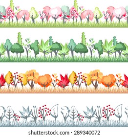 Nahtloses horizontales Muster mit roten und gelben Herbstbäumen. Endlose Grenze