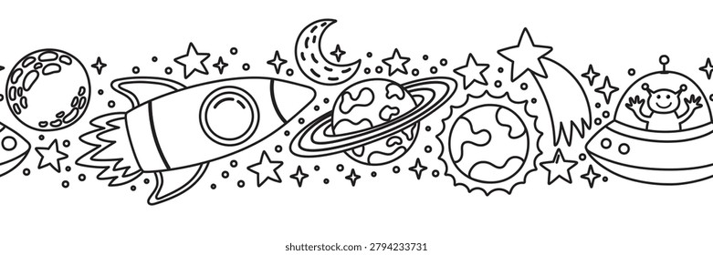 Seamless horizontal pattern with rocket, ringed planet, crescent moon, stars, shooting star and alien in UFO flying saucer. Outer space doodle border
