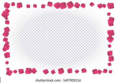 Seamless horizontal pattern of rose flower petals. Falling red rose petals on transparent background. Vector illustration suitable for valentines day design, wedding design, birthday