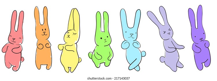 Seamless horizontal pattern of set dancing rainbow rabbits