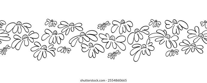 Seamless horizontal pattern from set of doodle daisy flowers. Flower icons hand drawn simple black outline. vector illustration isolated on white background