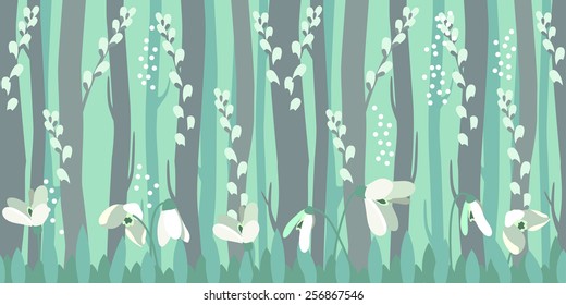 Seamless horizontal pattern with spring snowdrops in forest