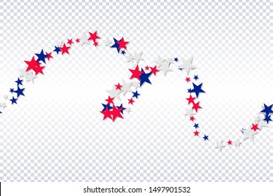 Seamless horizontal pattern of stars by hand in the US flag colors on a transparent background. American Independence Day vector illustration of blue red white stars 