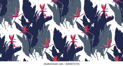 Patrón horizontal sin foco con flores y hojas estrelitzia. Impresión floral con ave del paraíso o flor de grúa. Textura con plantas para tela, banner web, afiche. Silhouettes de follaje tropical.
