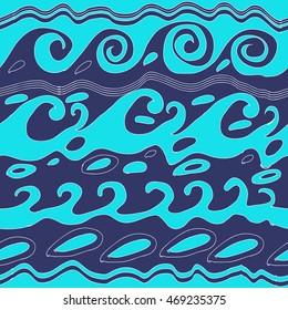 Seamless  horizontal pattern of striped motif, doodles, waves, spirals, ellipses. Hand drawn.
