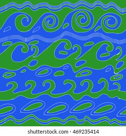 Seamless  horizontal pattern of striped motif, doodles, waves, spirals, ellipses. Hand drawn.