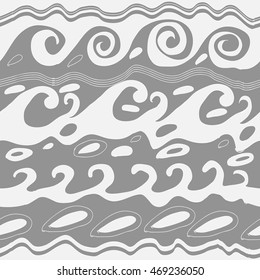 Seamless  horizontal pattern of striped motif, doodles, waves, spirals, ellipses. Hand drawn.