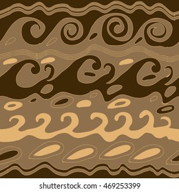 Seamless  horizontal pattern of striped motif, doodles, waves, spirals, ellipses. Hand drawn.