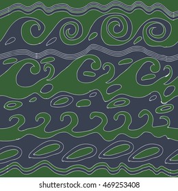 Seamless  horizontal pattern of striped motif, doodles, waves, spirals, ellipses. Hand drawn.