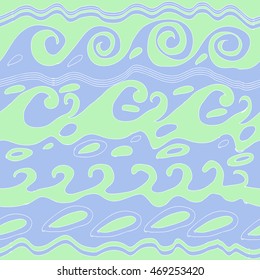 Seamless  horizontal pattern of striped motif, doodles, waves, spirals, ellipses. Hand drawn.