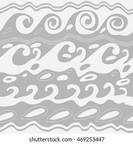 Seamless  horizontal pattern of striped motif, doodles, waves, spirals, ellipses. Hand drawn.