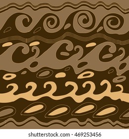 Seamless  horizontal pattern of striped motif, doodles, waves, spirals, ellipses. Hand drawn.
