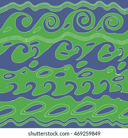 Seamless  horizontal pattern of striped motif, doodles, waves, spirals, ellipses. Hand drawn.