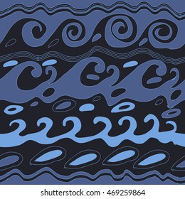Seamless  horizontal pattern of striped motif, doodles, waves, spirals, ellipses. Hand drawn.