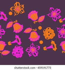 Seamless horizontal   pattern of  stylized floral motif, doodles,  spot, hole, flowers,stars,spirals, ellipses, branches, copy space . Hand drawn.