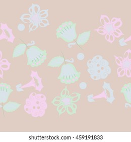 Seamless horizontal   pattern of  stylized floral motif, doodles,  spot, hole, flowers,stars,spirals, ellipses, branches, copy space . Hand drawn.