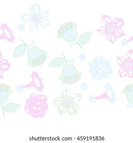 Seamless horizontal   pattern of  stylized floral motif, doodles,  spot, hole, flowers,stars,spirals, ellipses, branches, copy space . Hand drawn.