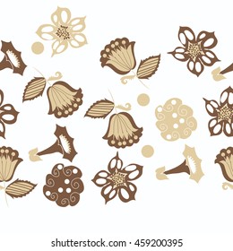 Seamless horizontal   pattern of  stylized floral motif, doodles,  spot, hole, flowers,stars,spirals, ellipses, branches, copy space . Hand drawn.