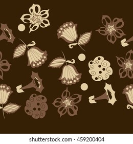 Seamless horizontal   pattern of  stylized floral motif, doodles,  spot, hole, flowers,stars,spirals, ellipses, branches, copy space . Hand drawn.