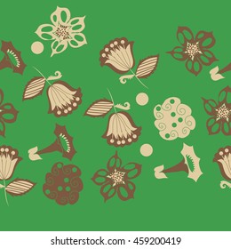 Seamless horizontal   pattern of  stylized floral motif, doodles,  spot, hole, flowers,stars,spirals, ellipses, branches, copy space . Hand drawn.