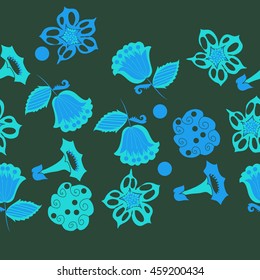 Seamless horizontal   pattern of  stylized floral motif, doodles,  spot, hole, flowers,stars,spirals, ellipses, branches, copy space . Hand drawn.