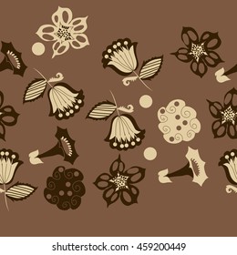 Seamless horizontal   pattern of  stylized floral motif, doodles,  spot, hole, flowers,stars,spirals, ellipses, branches, copy space . Hand drawn.