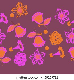 Seamless horizontal   pattern of  stylized floral motif, doodles,  spot, hole, flowers,stars,spirals, ellipses, branches, copy space . Hand drawn.