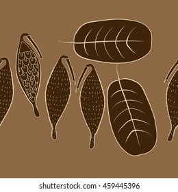 Seamless horizontal   pattern of  stylized floral motif, doodles,  spot, stripes, leaves, fruits, copy space . Hand drawn.